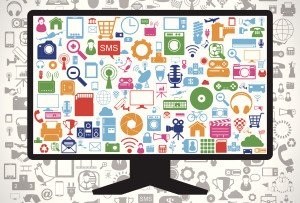 Ein Bildschirm mit vielen Icons zum Thema Kommunikation